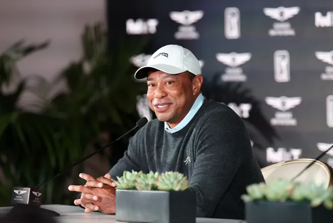 Feb 17, 2026; Pacific Palisades, CA, USA; Genesis Invitational tournament host Tiger Woods speaks to the media during a press conference at Riviera Country Club. Mandatory Credit: Kiyoshi Mio-Imagn Images