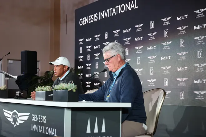 Feb 17, 2026; Pacific Palisades, CA, USA; Genesis Invitational tournament host Tiger Woods speaks to the media during a press conference at Riviera Country Club. Mandatory Credit: Kiyoshi Mio-Imagn Images