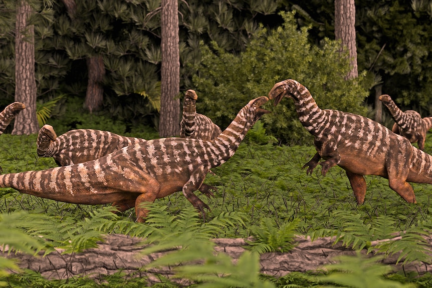 A digital recreation of Sauropodomorph dinosaurs with greenery and trees.