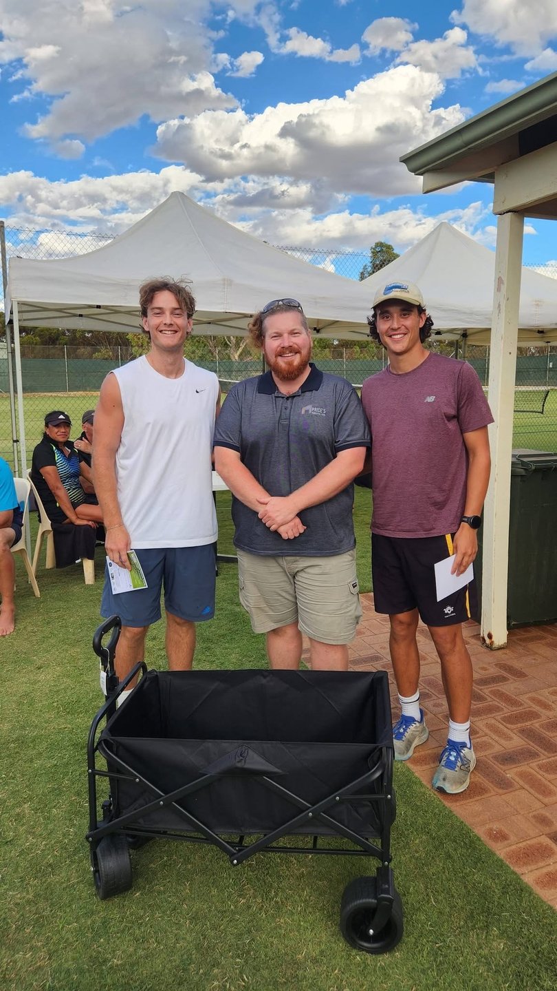 Men’s doubles A-grade winner Jack Pearce, sponsor Ciaran Early from Prices Fabrication and Steel and teammate Jack Faulkner. 