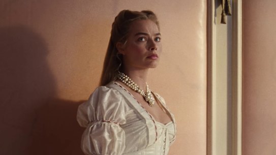 Margot Robbie in a scene from “Wuthering Heights”.