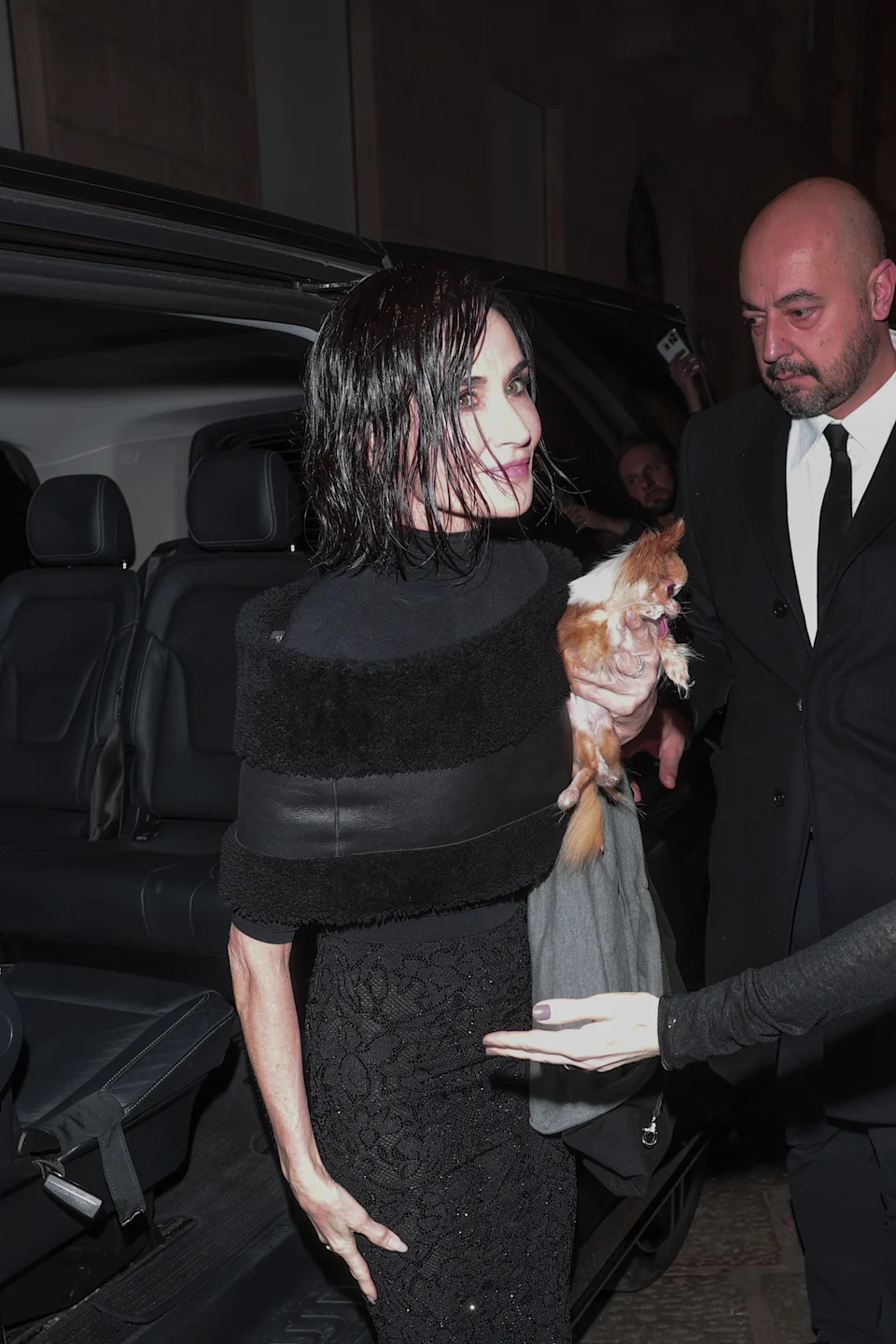 Demi Moore is seen arriving at the Gucci FW26 Dinner at Baretto on February 27, 2026 in Milan, Italy.