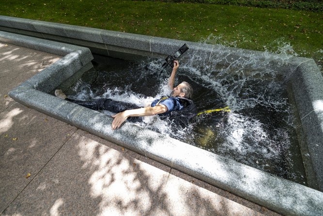 Martin Ollman tripped and fell backwards into a water feature while chasing Angus Taylor.