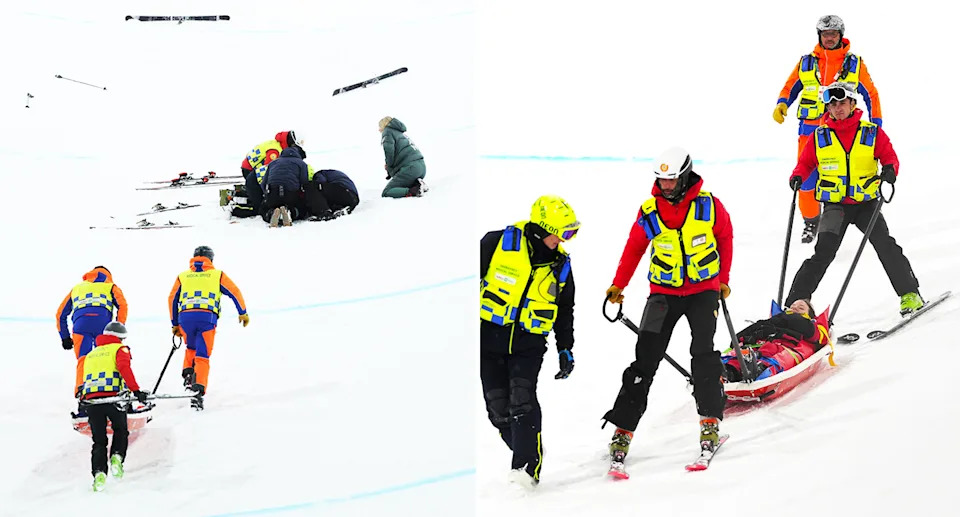 Cassie Sharpe, pictured here in a neck brace as she was taken away on a stretcher at the Winter Olympics.