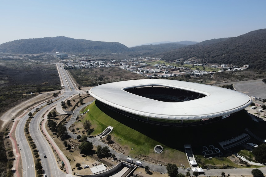 A drone view of a soccer stadium.