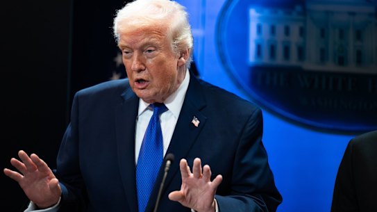 US President Donald Trump during a news conference in the James S. Brady Press Briefing Room of the White House in Washington, DC, US, on Friday, Feb. 20, 2026. Trump delivered a broadside against Supreme Court justices after they struck down the bulk of his sweeping global tariffs, delivering a major blow against his signature economic policy. Photographer: Annabelle Gordon/Bloomberg
