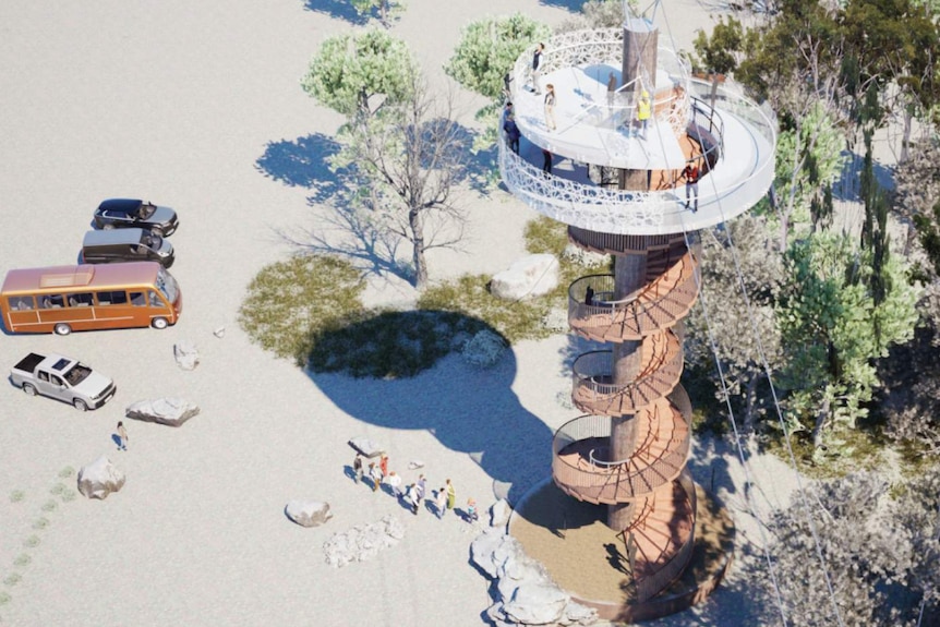 Elevated view artist impression of launch tower for zipline.