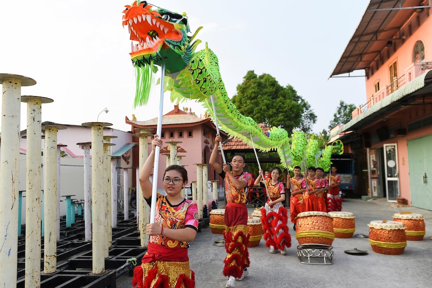 A line of people holding up a paper mache of a lion during a lion dance