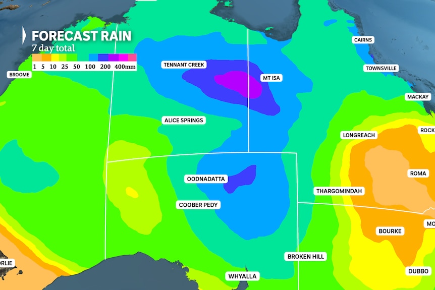 A map of central australia showing the areas where heavy rain is expected.