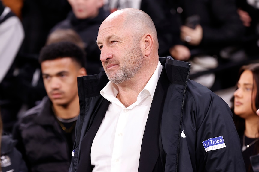 A bald, heavy-set man looks on from the sidelines during a Collingwood game.