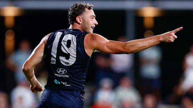 Will Hayward of the Blues celebrates a goal during a match simulation game.