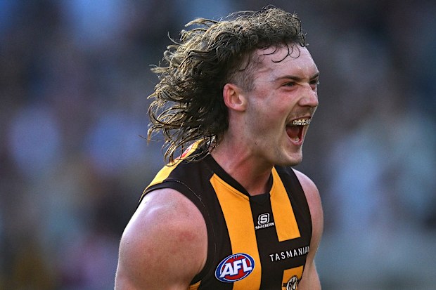 Josh Weddle of the Hawks celebrates kicking a goal 