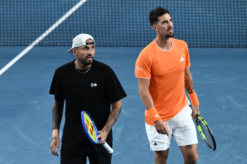 Thanasi Kokkinakis and Nick Kyrgios on court for doubles