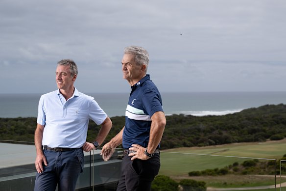 The National chief executive Matthew Corby (left) and club captain Andrew Tunks on the clubhouse balcony.