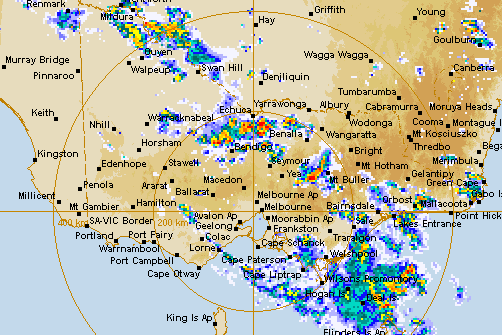 A map of Victoria with blue, green, yellow and red colours indicating intense rainfall.