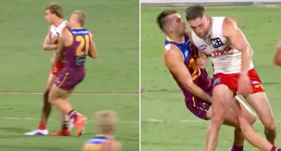 Jed Walter and Jy Farrar in action for Gold Coast against Brisbane.