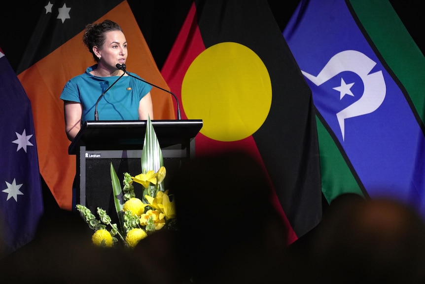 A white woman, brown curly hair tied back into a bun, turquoise dress, standing at podium, mid-speech, flags behind her