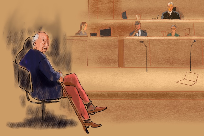 A man sits wit hred pants in a sketch. 