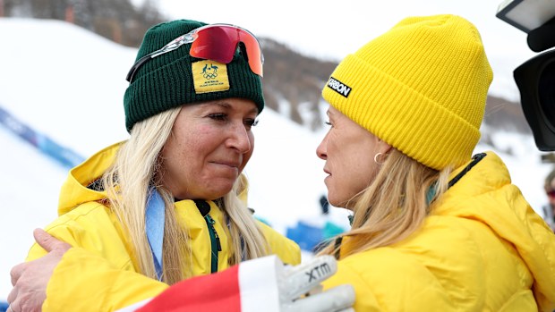 LIVIGNO, ITALY - FEBRUARY 18: Silver medalist Danielle Scott of Team Australia celebrates with Alisa Camplin-Warner after the Women's Aerials Final on day twelve of the Milano Cortina 2026 Winter Olympic games at Livigno Air Park on February 18, 2026 in Livigno, Italy. (Photo by Cameron Spencer/Getty Images)