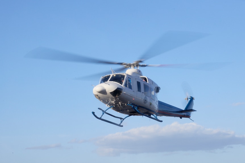 A white helicopter with a blue tail in the air.