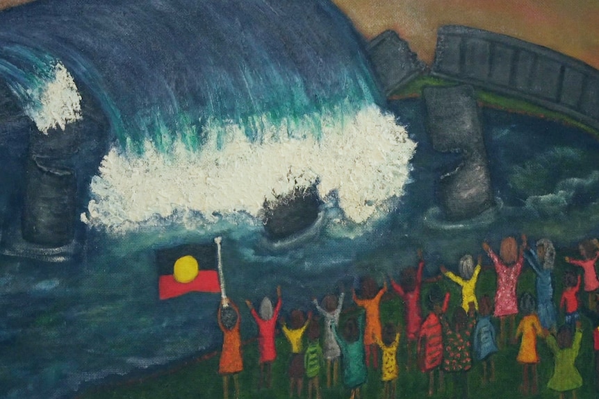Close up of paining showing people standing on the shore while a large wave destroys a bridge. 