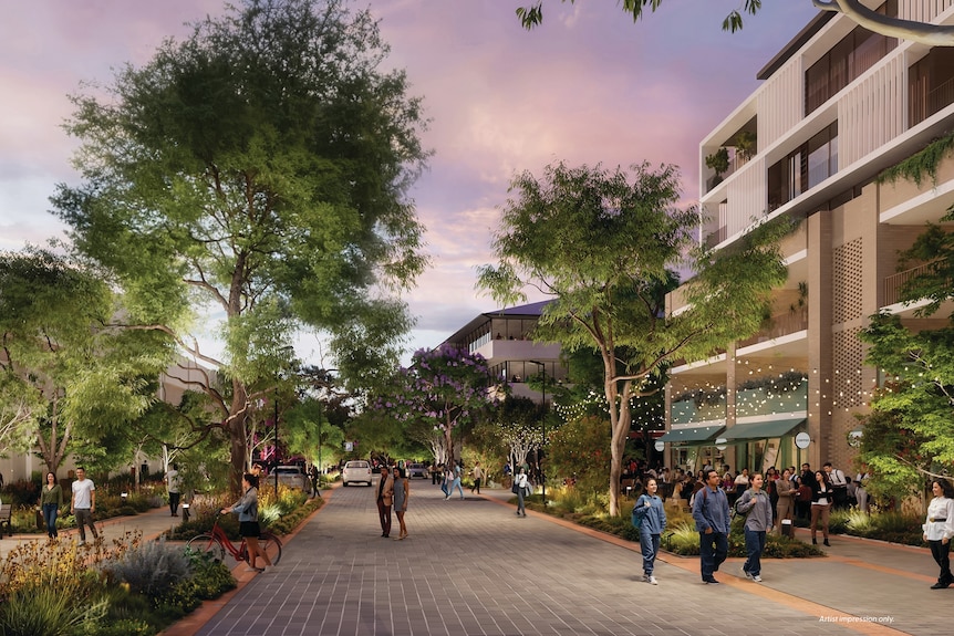 People walk through a pedestrianised urban environment