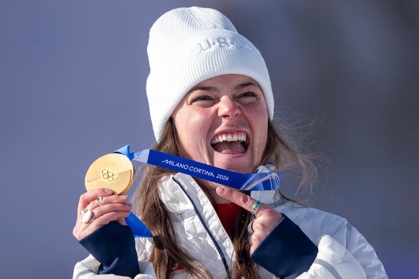 Breezy Johnson with a gold medal