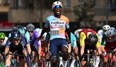 ROQUETAS DE MAR, SPAIN - FEBRUARY 15: Biniam Girmay of Eritrea and Team NSN Cycling celebrates at finish line as race winner during the 39th Clasica de Almeria 2026 a 189.7km one day race from Puebla de Vicar to Roquetas de Mar on February 15, 2026 in Roquetas de Mar, Spain. (Photo by Dario Belingheri/Getty Images)