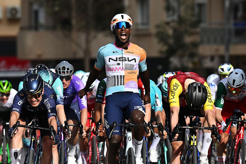 ROQUETAS DE MAR, SPAIN - FEBRUARY 15: Biniam Girmay of Eritrea and Team NSN Cycling celebrates at finish line as race winner during the 39th Clasica de Almeria 2026 a 189.7km one day race from Puebla de Vicar to Roquetas de Mar on February 15, 2026 in Roquetas de Mar, Spain. (Photo by Dario Belingheri/Getty Images)