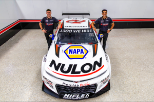 PremiAir Racing's Chevrolet Camaro in a workshop.