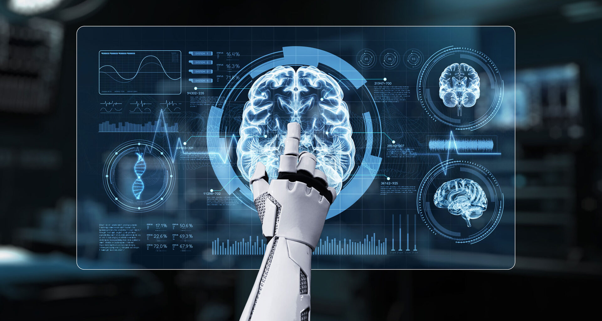 Close up of robotic hand pointing and clicking at brain holographic to access medical data or diagnosis symptom.