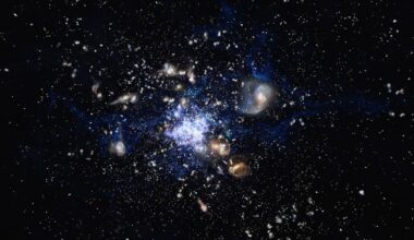 This artist’s impression shows a protocluster forming in the early Universe (Credit : ESO/M. Kornmesser)