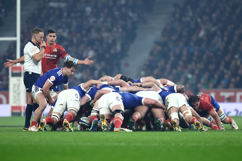 Irish referee Andrew Brace (left) oversees a scrum during the Six Nations fixture between France and Italy at the Stade Pierre-Mauroy in Villeneuve-d'Ascq, northern France, on Sunday. Photograph: Sameer al-Doumy/AFP via Getty