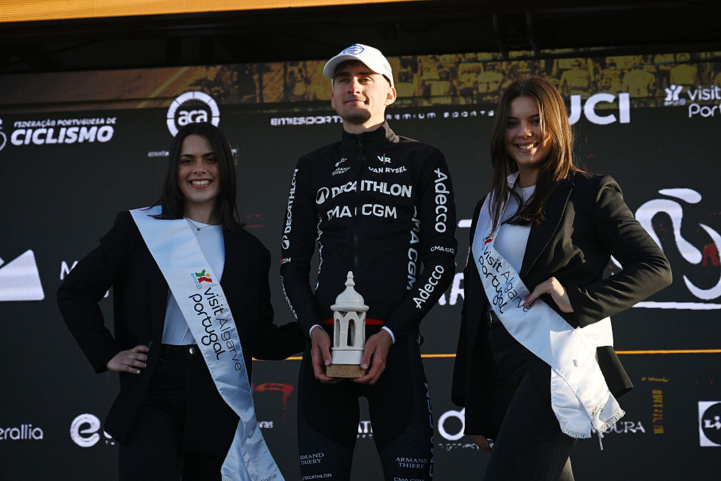 FOIA, PORTUGAL - FEBRUARY 19: Paul Seixas of France and Team Decathlon CMA CGM celebrates at podium as stage winner during the 52nd Volta ao Algarve em Bicicleta 2026, Stage 2 a 183.5km stage from Portimao to Foia (Monchique) 882m on February 19, 2026 in Foia, Portugal. (Photo by Dario Belingheri/Getty Images)