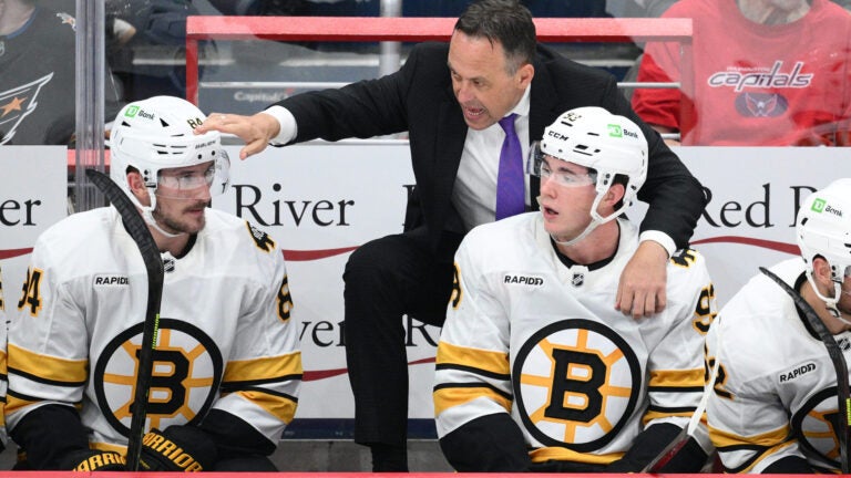 Boston Bruins head coach Marco Sturm in action during the third period of an NHL hockey game against the Washington Capitals, Wednesday, Oct. 8, 2025, in Washington.