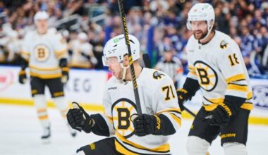 Boston Bruins' Viktor Arvidsson (71) celebrates his goal against the Toronto Maple Leafs during the first period of an NHL hockey game in Toronto on Saturday, Nov. 8, 2025.