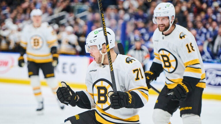 Boston Bruins' Viktor Arvidsson (71) celebrates his goal against the Toronto Maple Leafs during the first period of an NHL hockey game in Toronto on Saturday, Nov. 8, 2025.