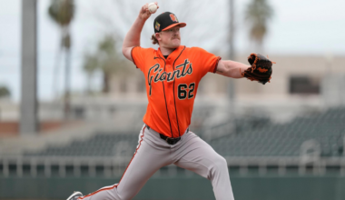 A baseball pitcher in a Giants uniform with number 62 is mid-throw on the mound, with one leg extended and glove raised.