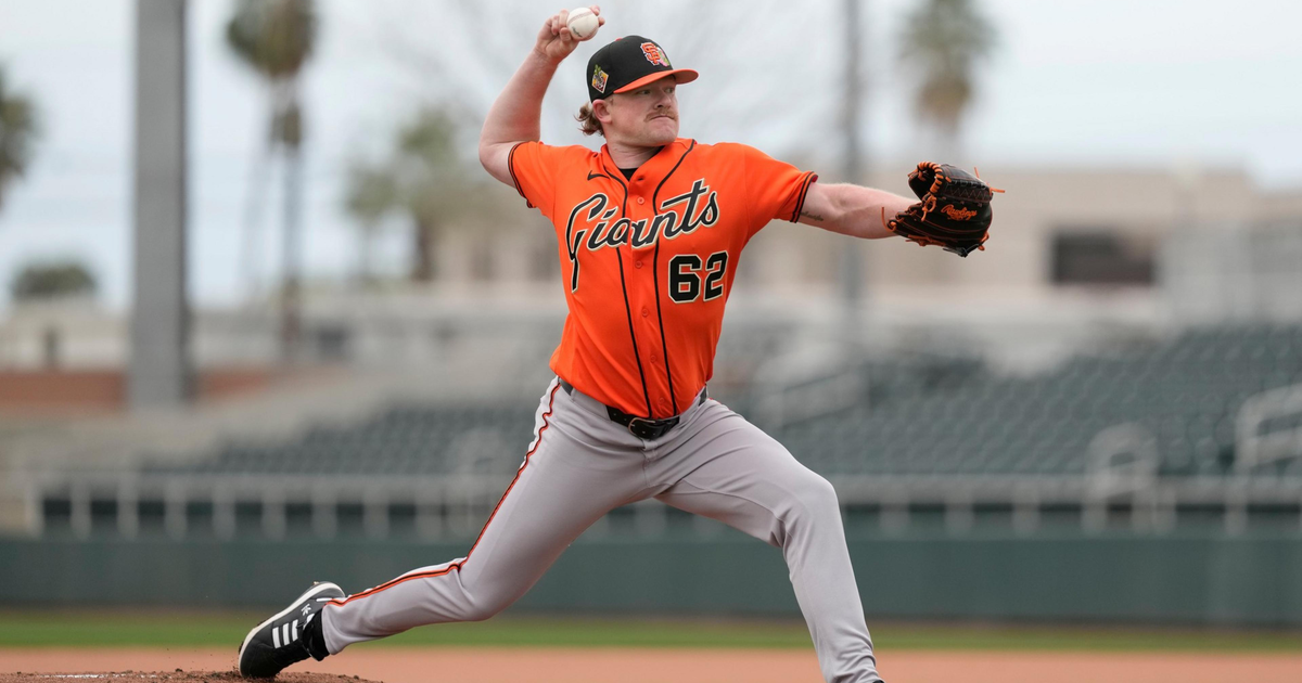 A baseball pitcher in a Giants uniform with number 62 is mid-throw on the mound, with one leg extended and glove raised.