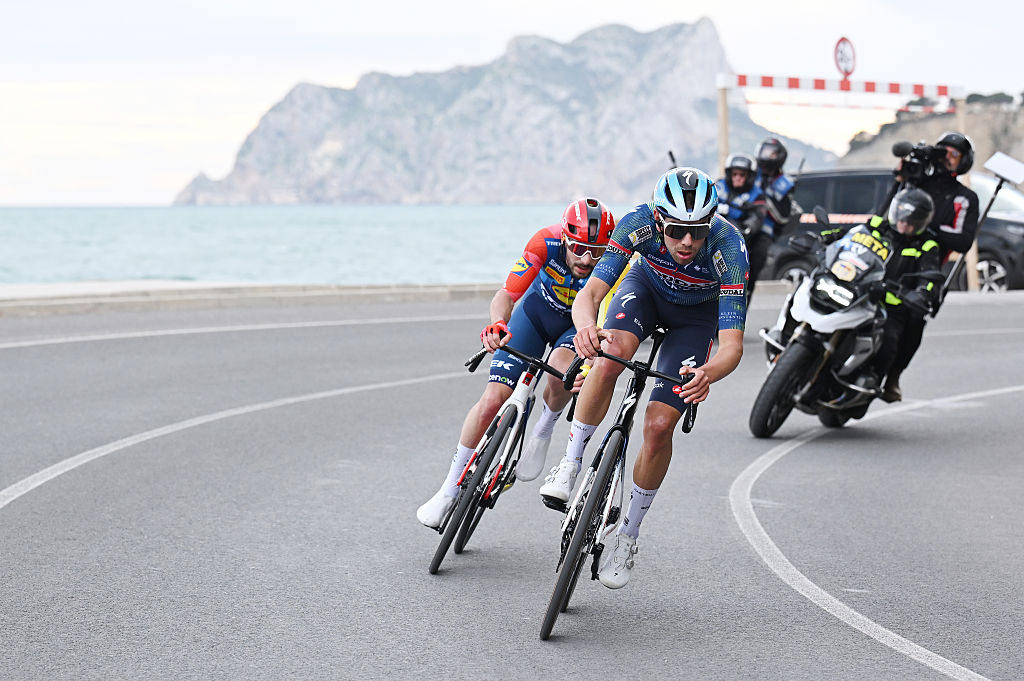 TEULADA MORAIRA, SPAIN - FEBRUARY 07: (L-R) Julien Bernard of France and Team Lidl - Trek and Steff Cras of Belgium and Team Soudal Quick-Step compete in the breakaway during the 77th Volta Comunitat Valenciana 2026, Stage 4 a 172km stage from La Nucia to Teulada Moraira on February 07, 2026 in Teulada Moraira, Spain. (Photo by Szymon Gruchalski/Getty Images)