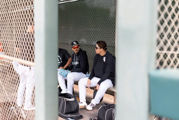 White Sox third baseman Miguel Vargas, left, talks with infielder in Munetaka Murakami during spring training at Camelback Ranch on Feb. 18, 2026, in Glendale, Ariz. (Eileen T. Meslar/Chicago Tribune)
