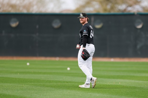 White Sox starter Shane Smith smiles as he walks on the field during spring training at Camelback Ranch on Feb. 18, 2026, in Glendale, Ariz. (Eileen T. Meslar/Chicago Tribune)