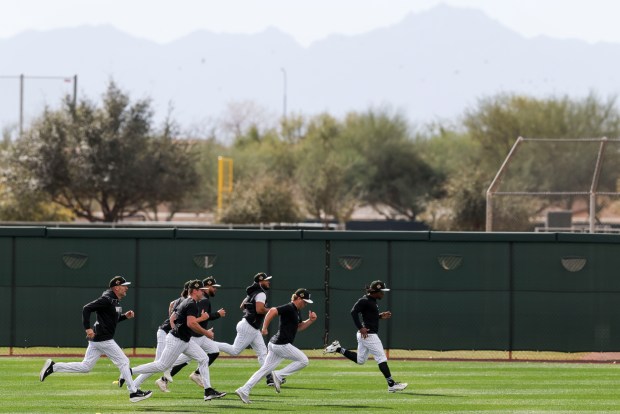 White Sox players do conditioning during spring training at Camelback Ranch on Feb. 18, 2026, in Glendale, Ariz. (Eileen T. Meslar/Chicago Tribune)