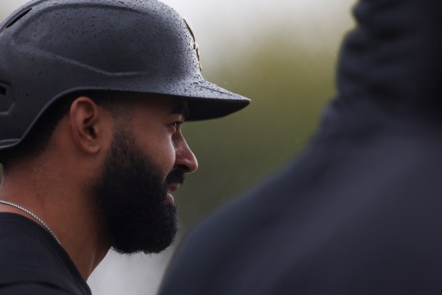 White Sox center fielder Derek Hill waits during live batting practice at spring training at Camelback Ranch on Feb. 18, 2026, in Glendale, Ariz. (Eileen T. Meslar/Chicago Tribune)