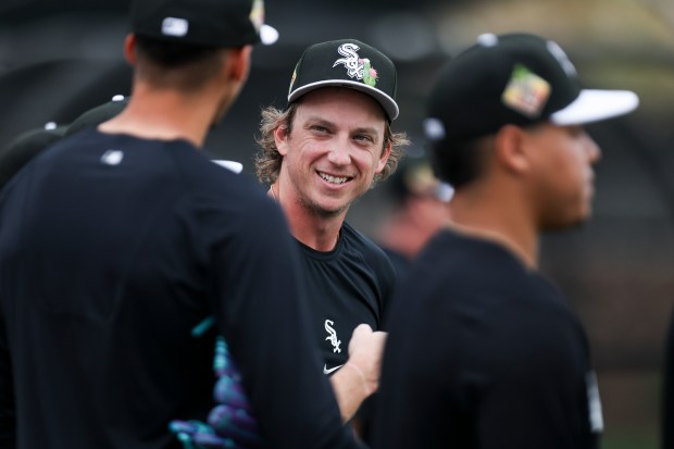 Nonroster invitee pitcher Ryan Borucki speaks to other pitchers as they wait in line to do a drill during White Sox spring training at Camelback Ranch on Monday, Feb. 16, 2026, in Glendale, Ariz. (Eileen T. Meslar/Chicago Tribune)