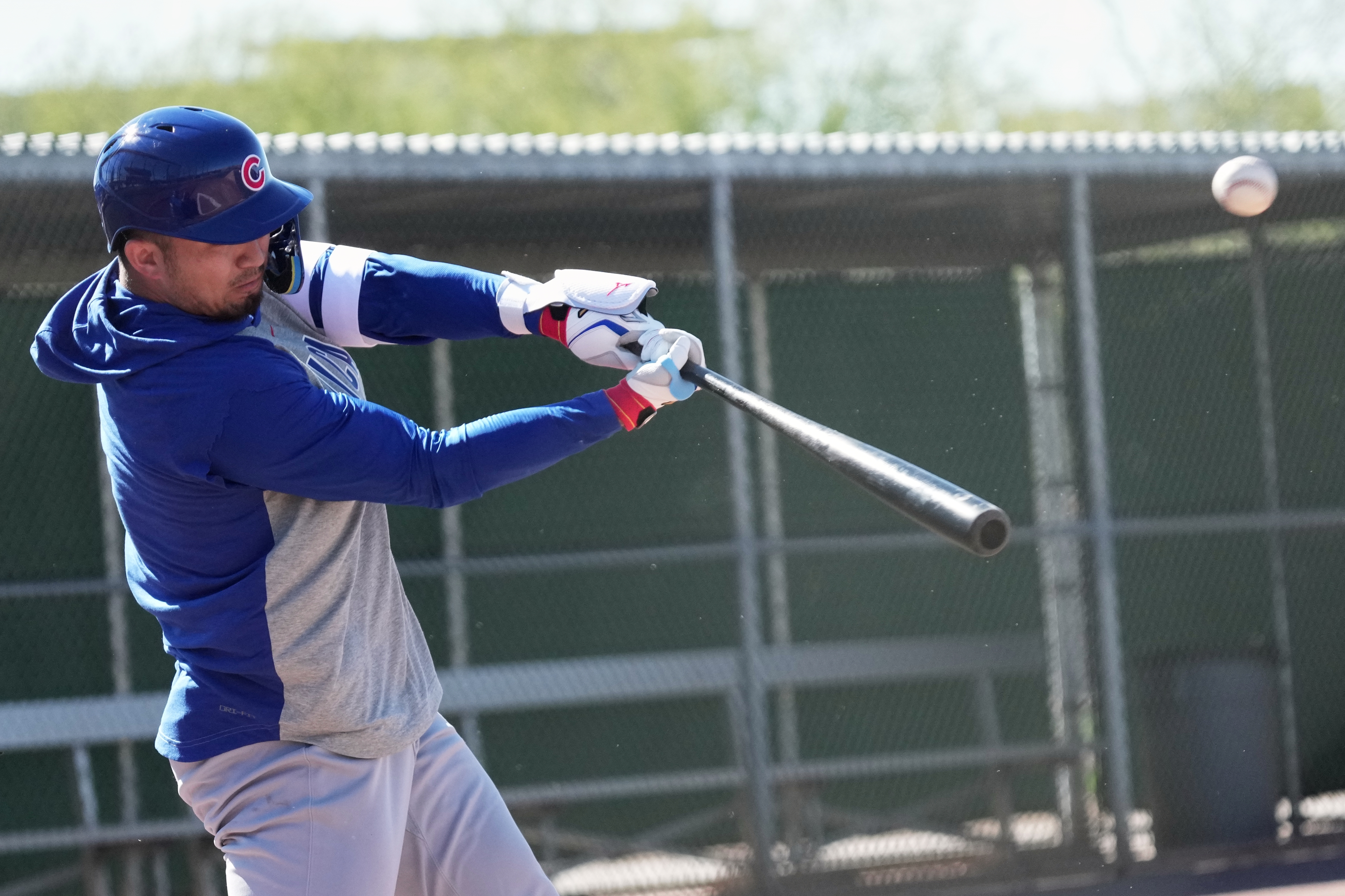 Cubs right fielder Seiya Suzuki hits during a spring training...