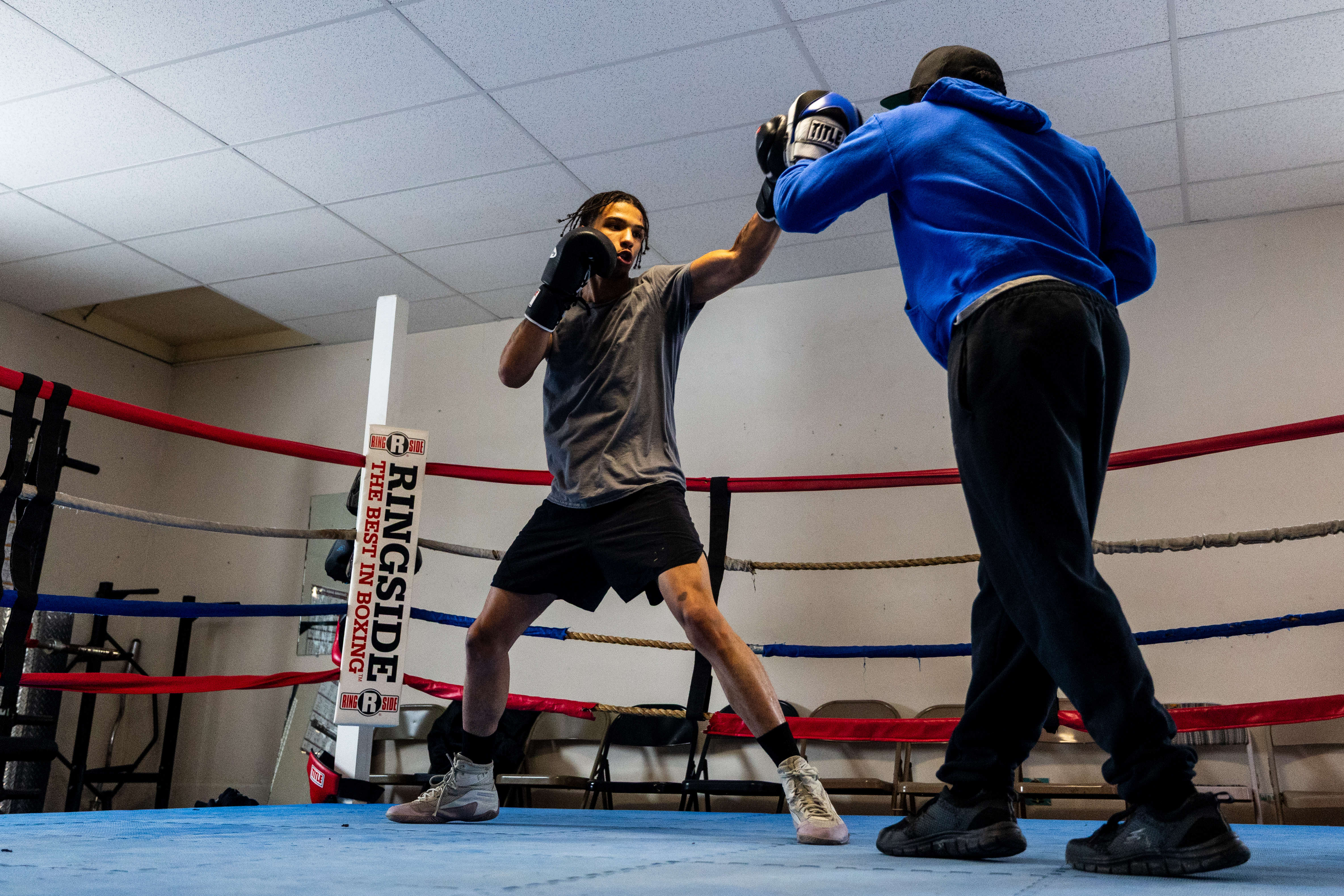 Jermont Reece, 29, trains Evan Jackson, 19, of Kalamazoo,for the USA Boxing International Open at Kzoo Boxing on Tuesday, Feb. 3, 2026. , The Open, which is expected to draw elite amateur talent and emerging future stars to Colorado, is Jackson’s biggest challenge yet.