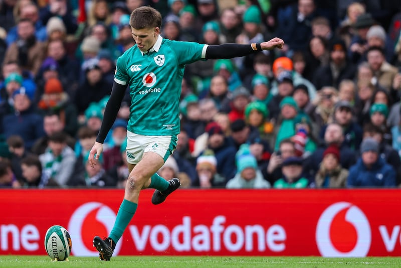 2026 Guinness Men’s Six Nations Championship Round 2, Aviva Stadium, Dublin 14/2/2026 Ireland vs Italy   Ireland's Sam Prendergast kicks conversionMandatory Credit ©INPHO/Ben Brady
