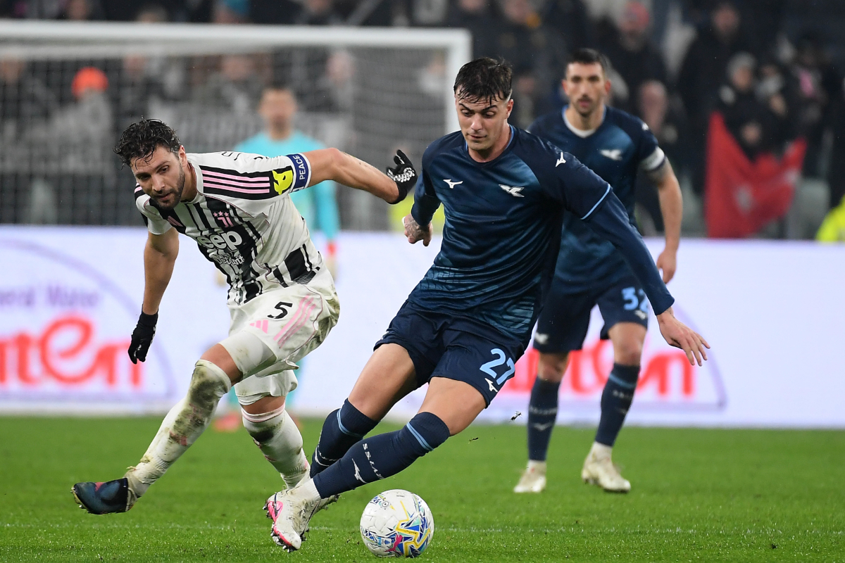 TURIN, ITALY - FEBRUARY 08: Daniel Maldini of SS Lazio compete for the ball with Manuel Locatelli Juventus FC at the Juventus stadium on February 08, 2026 in Turin, Italy. (Photo by Marco Rosi - SS Lazio/Getty Images)