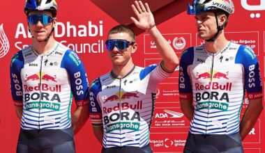 Red Bull-Bora-Hansgrohe's Belgian rider Remco Evenepoel (C) waves before the start of the fifth stage of the UAE Tour cycling event from Dubai al-Mamzar Park to Hamdan Bin Mohammed Smart University in Dubai on February 20, 2026. (Photo by Fadel SENNA / AFP)